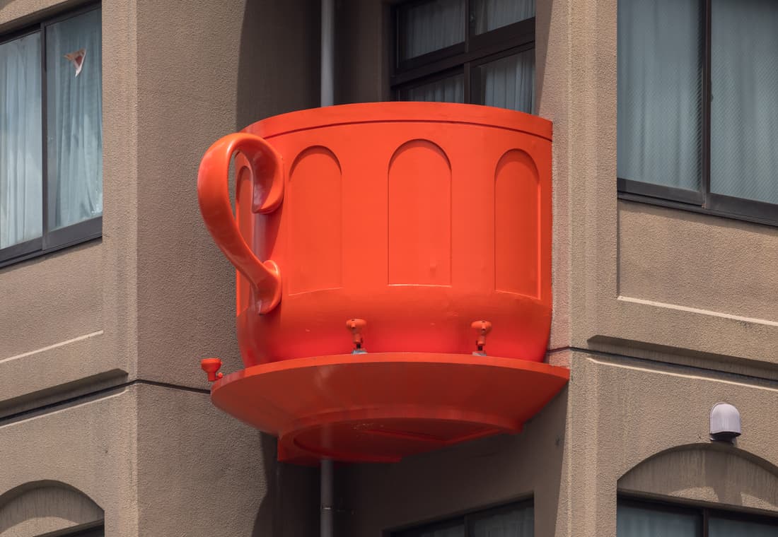 Red coffee cup shaped balcony, Niimi Tableware, Kappabashi Dougu Street, Tokyo, Japan